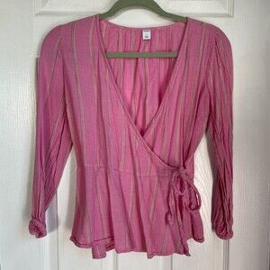 Old Navy pink striped wrap blouse top